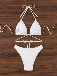 Premium Shell Decor Chain, Solid Color Nylon Fabric Triangle Bikini Set - White - View 2