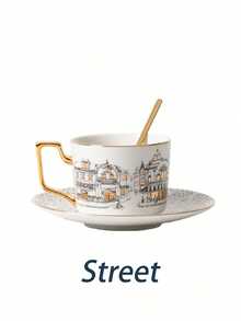 1入組北歐風格復古手繪外框設計陶瓷杯托組，INS創意美式/拿鐵咖啡杯，家用飲水杯，早餐牛奶杯，高檔茶杯，節日禮物，生日祝福 - 彩色 - 查看 8