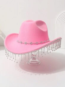 1pc Women's Solid Color Rhombus Sequin Rhinestone Teardrop Crystal Tassel Western Cowboy Hat, Suitable For Outing, Party, Wedding, Festival, Casual, Stage Performance, Bridal - Multicolor - View 5