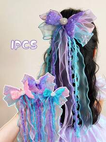 1pc Girls' Summer Fabric Mesh Hair Clip With Ribbon, Mermaid Tail And Seashell Design, Suitable For Everyday Use - Multicolor - View 3