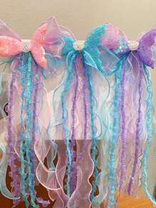 1pc Girls' Summer Fabric Mesh Hair Clip With Ribbon, Mermaid Tail And Seashell Design, Suitable For Everyday Use - Multicolor - View 5
