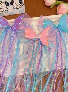 1pc Girls' Summer Fabric Mesh Hair Clip With Ribbon, Mermaid Tail And Seashell Design, Suitable For Everyday Use - Multicolor - View 7