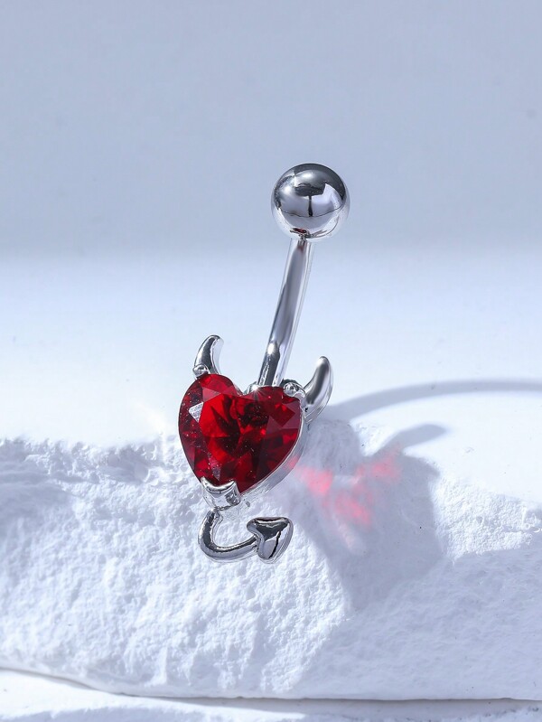 1pc Silver-Plated Fashionable Copper Material Red Cubic Zirconia Embedded Devil Belly Button Ring Suitable For Women, For Valentine Day, Thanksgiving Day, Halloween, Easter, Bar, Beach, Party, Birthday Gift, Daily Wearing Valentines