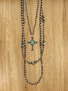 1pc Women's Cross Long Necklace, Zinc Alloy Cross Inlaid With Turquoise, Western Country Style Faux Pearl Necklace, Three-Layer Stacked Necklace, Women's Fashion Jewelry, Bohemian Retro Style Long Necklace, Western Fashion Women's Multi-Layer Necklace, Suitable For Daily Wear Or Holiday Gift Giving