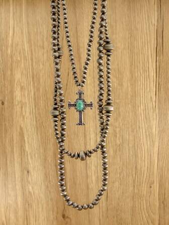 1pc Women's Cross Long Necklace, Zinc Alloy Cross Inlaid With Turquoise, Western Country Style Faux Pearl Necklace, Three-Layer Stacked Necklace, Women's Fashion Jewelry, Bohemian Retro Style Long Necklace, Western Fashion Women's Multi-Layer Necklace, Suitable For Daily Wear Or Holiday Gift Giving