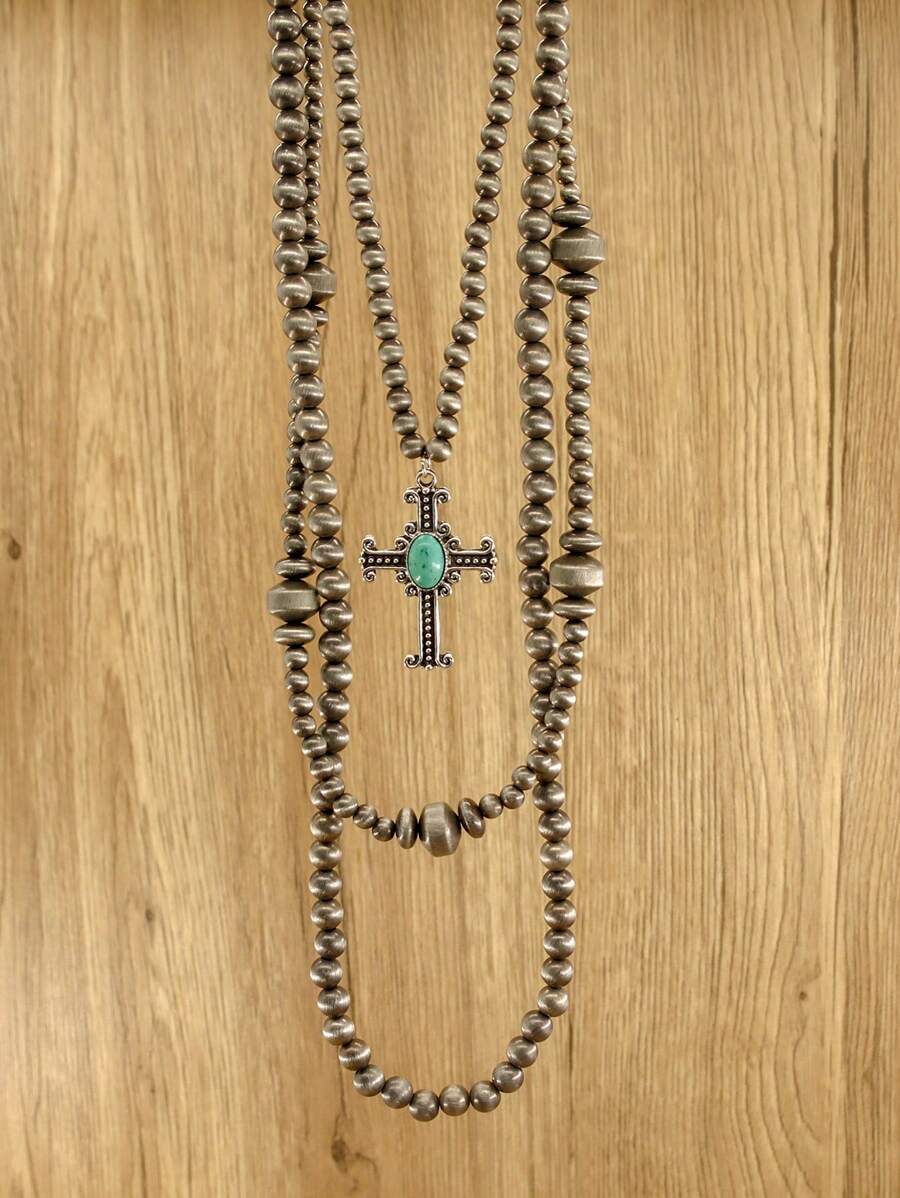 1pc Women's Cross Long Necklace, Zinc Alloy Cross Inlaid With Turquoise, Western Country Style Faux Pearl Necklace, Three-Layer Stacked Necklace, Women's Fashion Jewelry, Bohemian Retro Style Long Necklace, Western Fashion Women's Multi-Layer Necklace, Suitable For Daily Wear Or Holiday Gift Giving
