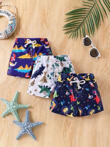 Young Boy Dinosaur Printed Square Leg Swimsuit Set Of 3 - Multicolor - View 1
