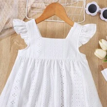 Vestido de moda de verano, casual para niña joven, de unicolor, con cuello cuadrado, mangas con gorra, y parche con diseño calado