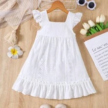 Vestido de moda de verano, casual para niña joven, de unicolor, con cuello cuadrado, mangas con gorra, y parche con diseño calado