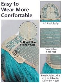 Ombre Blue Body Wave Wig With Bangs For Woman Wear And Go Glueless Long Wave Heat Turquoise Resistant Synthetic Hair 24 Inch - Teal Blue - View 6