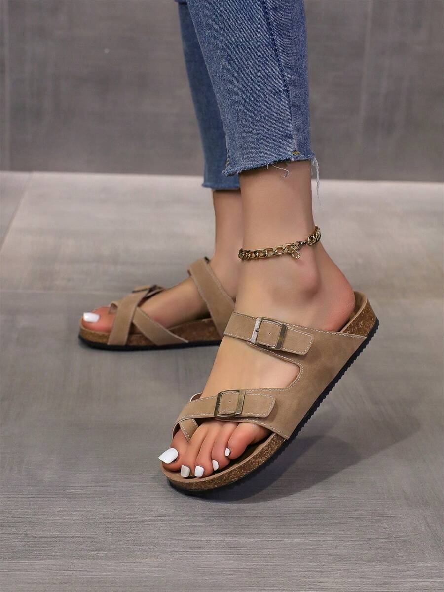 Sandalias de corcho para mujer de talla grande, chanclas planas antideslizantes para verano con puntera abierta y anillo para el dedo del pie - Caqui - Ver 1