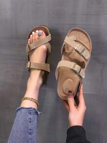 Sandalias de corcho para mujer de talla grande, chanclas planas antideslizantes para verano con puntera abierta y anillo para el dedo del pie - Caqui - Ver 4