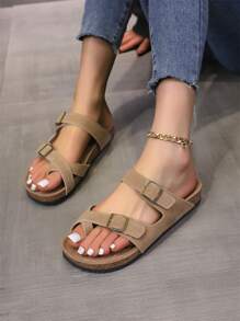 Sandalias de corcho para mujer de talla grande, chanclas planas antideslizantes para verano con puntera abierta y anillo para el dedo del pie - Caqui - Ver 2