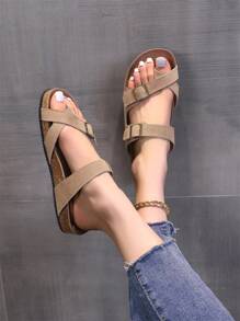 Sandalias de corcho para mujer de talla grande, chanclas planas antideslizantes para verano con puntera abierta y anillo para el dedo del pie - Caqui - Ver 5
