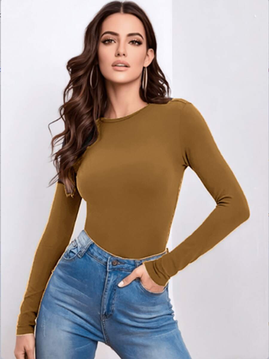 Blusa básica manga larga ajustable de moda - Camel - Ver 1