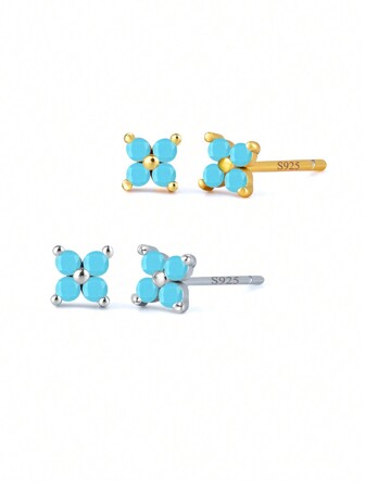 1pair Lucky Leaf Shaped Blue Turquoise Gemstone 925 Sterling Silver Second Piercing Stud Earrings For Women & Girls, Fine Jewelry Gifts