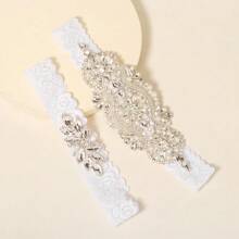 2 件女士新娘吊袜带，带水钻、人造珍珠和蕾丝装饰，欧洲和美国奢华风格婚礼配饰 - 銀色 - 查看 4