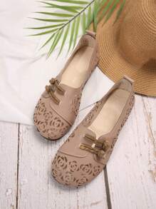 Zapatos planos redondos casuales de estilo Zen con calado de rosa, zapatos de verano, zapatos literarios retro de arte de té para mujer, calzado para madre en el 2024