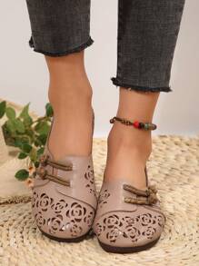 Zapatos planos redondos casuales de estilo Zen con calado de rosa, zapatos de verano, zapatos literarios retro de arte de té para mujer, calzado para madre en el 2024