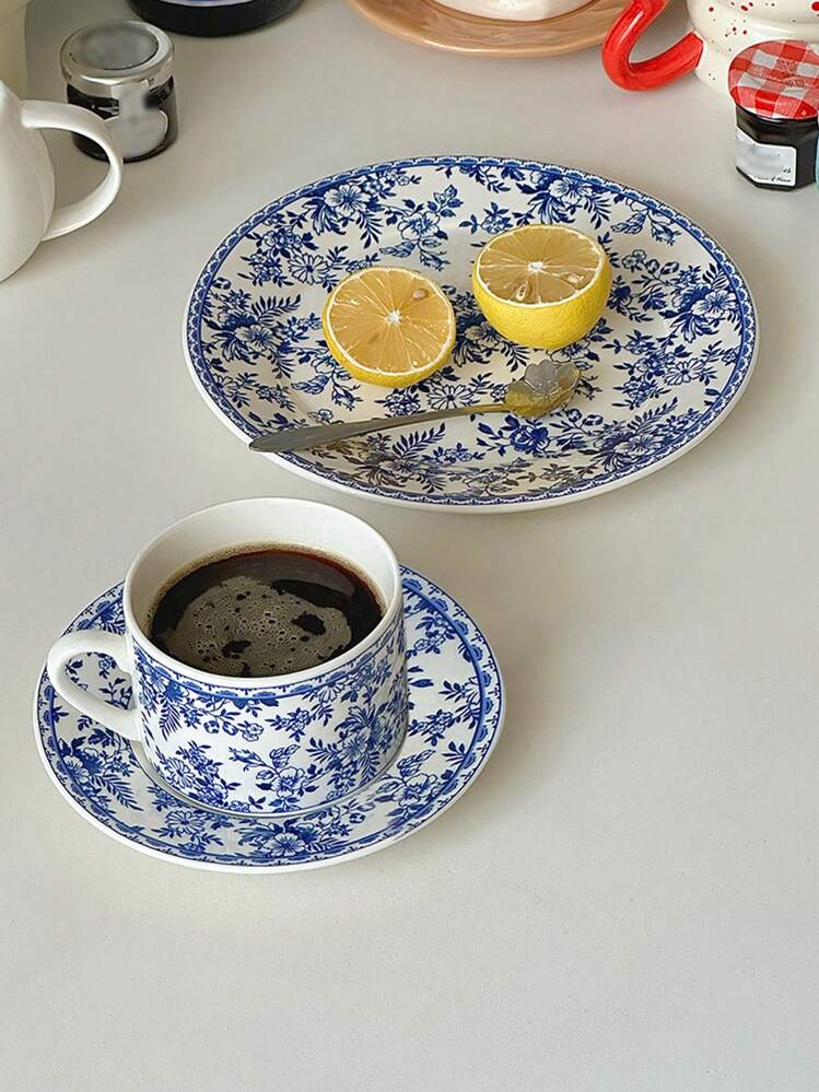 1 Set (Cup+Saucer) Of Chinese Vintage Style Blue Floral Porcelain Cup & Saucer, Elegant Coffee & Dessert Plate, Antiquity Tea Cup & Saucer For Afternoon Tea - Blue and White - View 2