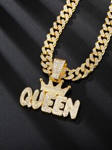 2pcs Couple's Gold Plated 3D Rhinestone Crown QUEEN And BOSS Chain Necklace, Hip-Hop Alphabet King Crown Pendant Necklace For Daily Wear, Valentine's Day Gift - Yellow Gold - View 4