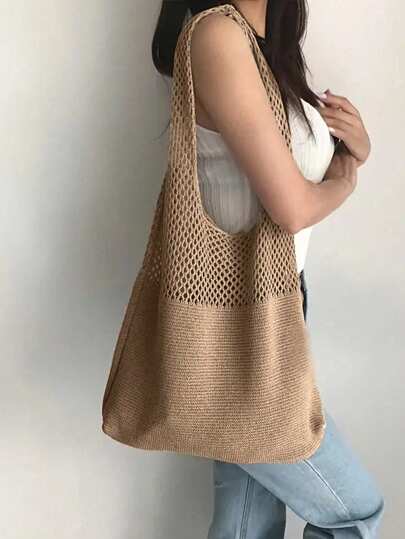 镂空钩编手提袋，大容量购物袋，女士编织单肩包