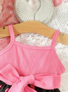 Baby Girl Summer Fashionable Patchwork Heart Print Tank Dress With Belt Set - Red - View 3