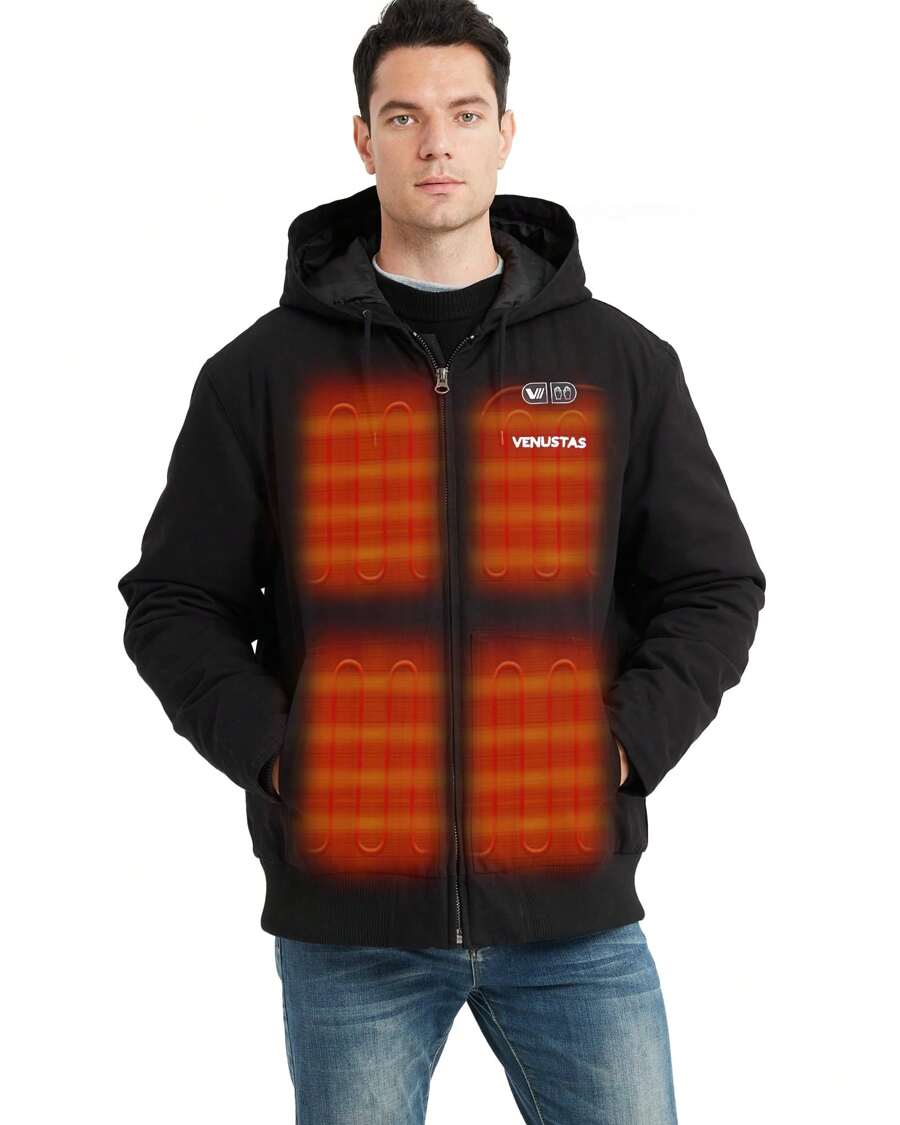 Venustas 12V Men's Dual-Control Heated Canvas Jacket With Battery, Winter Heated Work Jacket, Electirc Heated Hoodie Jacket - Black - View 1
