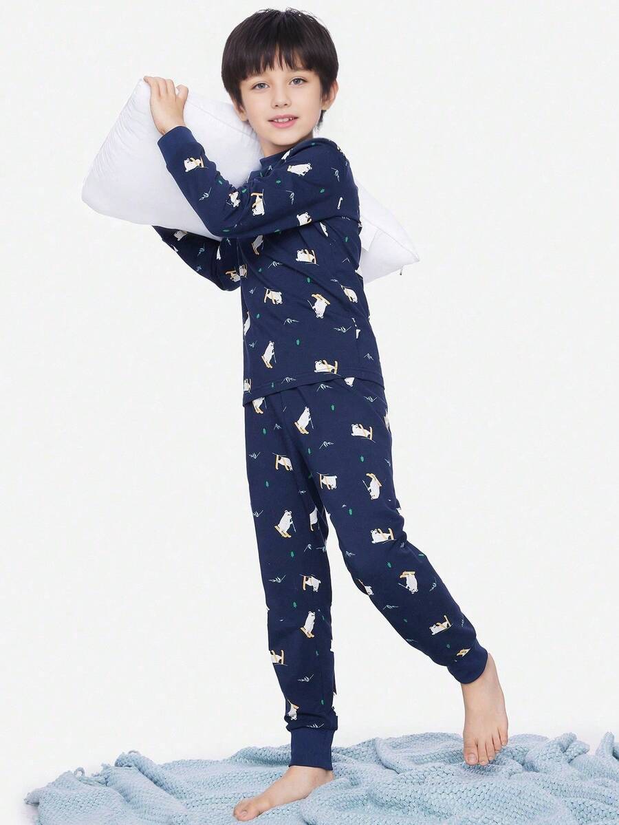 Annil 青少年女孩秋季印花长袖紧身睡衣和睡衣家居服套装蓝色