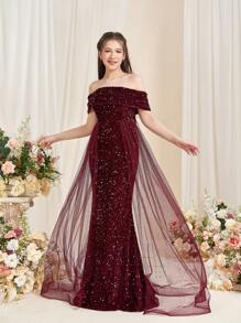Teen Girl Sparkling Mermaid Tail Party Dress With Off Shoulder Design - Burgundy - View 2
