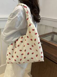 简约时尚大容量草莓印花手提包，开口设计，轻巧的软面单肩包。适合女性日常休闲通勤和学生课堂使用，时尚可爱的草莓钱包 - 白色 - 查看 3