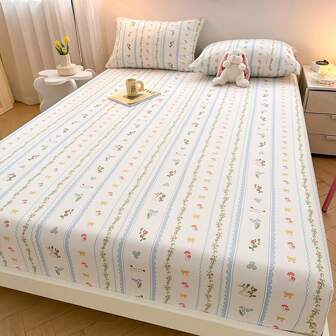 3pcs Digital Print Mushroom, Cartoon, Leaf, Ditsy Floral Pattern Bedsheet Set, Soft Breathable Washable , Includes 1 Bedsheet + 2 Pillowcases, Suitable For Dorm, All Seasons