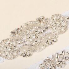 2 件女士新娘吊袜带，带水钻、人造珍珠和蕾丝装饰，欧洲和美国奢华风格婚礼配饰 - 銀色 - 查看 6