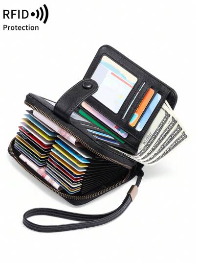 MIYIN RFID Blocking Short Wallet - Large Capacity Vintage Coin With Zipper And Wristband - Multi-Card Slot Credit Card Bag For Men And Woman Multifunction Zipper Wallet Card Holder Hollow Out Vintage Style Wallet Card Holder Gift (Black) Wristlet Wallet Robber For Women Wallet Purse Wallet Rfid Wallet