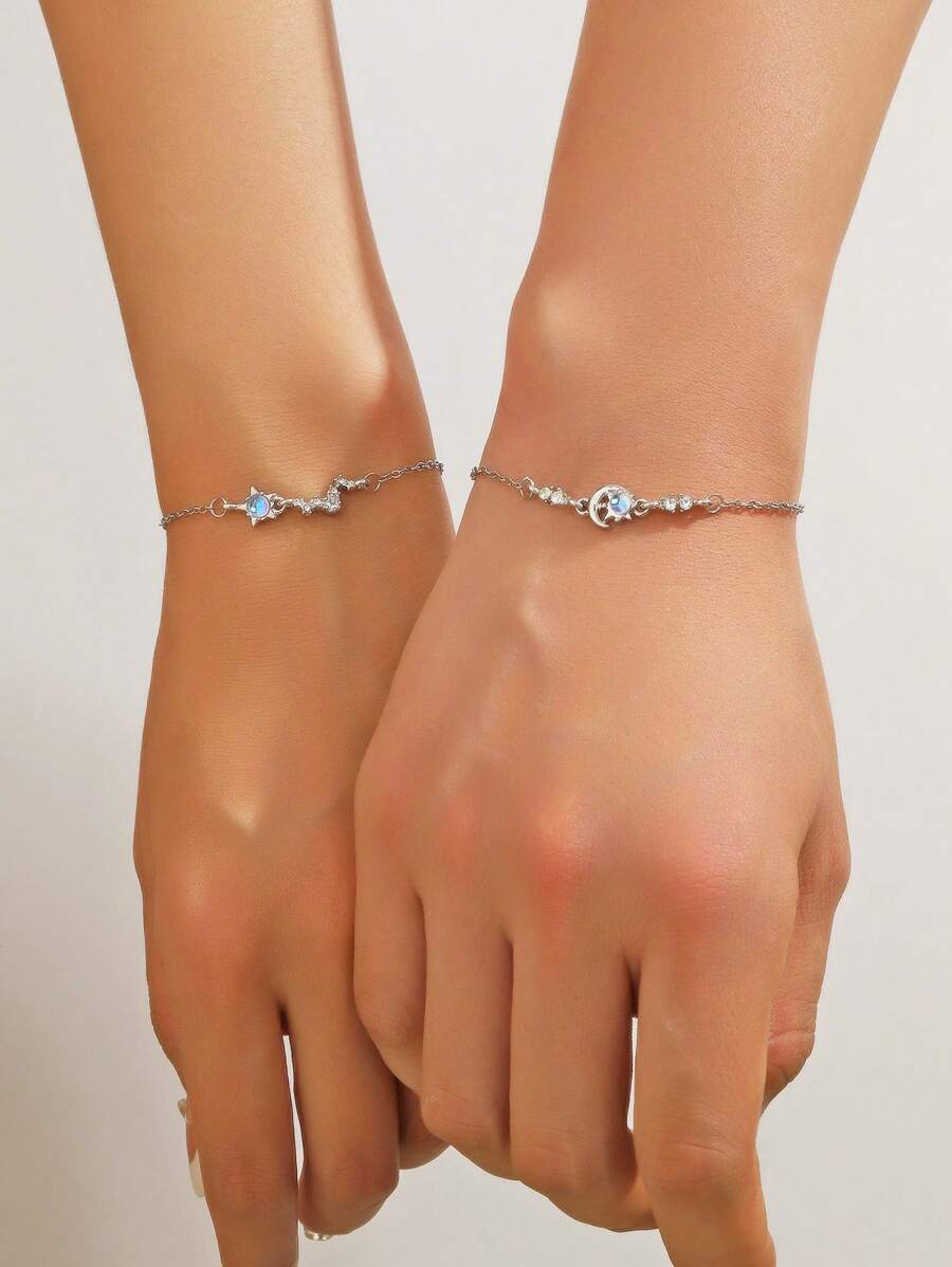 2pcs Moon& Star Matching Couple  Copper Bracelet Set For Couple, Best Friend, Gift For Her/Him - Silver - View 1