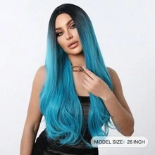 Peluca sintética de 26 pulgadas para fiesta con cabello azul aguamarina degradado, ondulado, con raya al medio, elegante, romántica y sencilla para uso diario, fiestas, vacaciones, Navidad, Halloween u ocasiones especiales. Resistente al calor. - Azul degradado - Ver 2