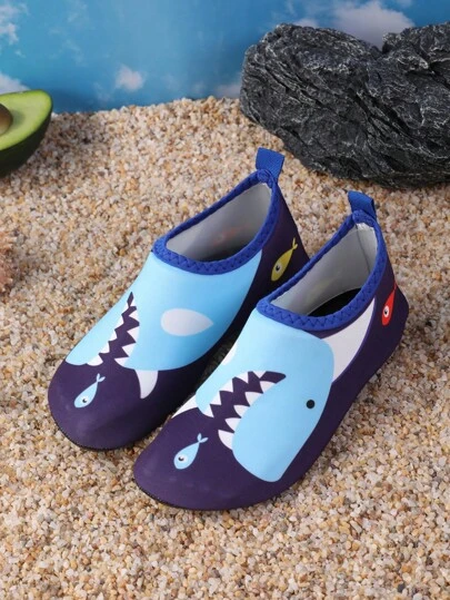 Kids Cartoon Shark Print Water Park Aqua Shoes, Breathable Quick Dry Beach Snorkeling Shoes, Non-Slip Soft Bottom Water Socks For Boys And Girls