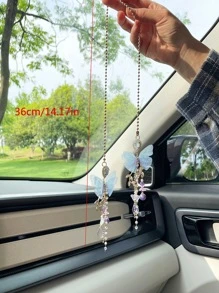 1pc Butterfly Car Pendant Interior Decoration Ornament, Rearview Mirror Hanging Decor For Women - Blue - View 5