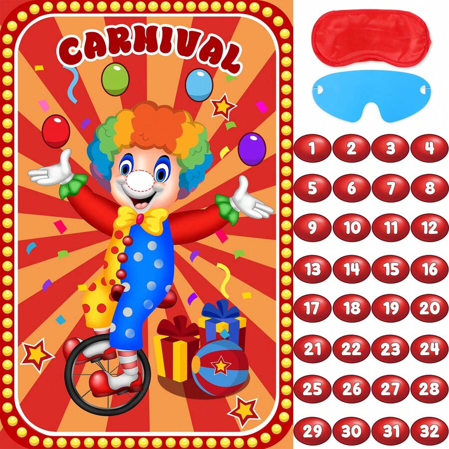 Fowecelt Juegos de fiesta de circo, Ponle la nariz al payaso con 32 pegatinas para la nariz, gran cartel de juegos de payasos para fiestas de cumpleaños y suministros para fiestas de carnaval - Multicolor - Ver 1