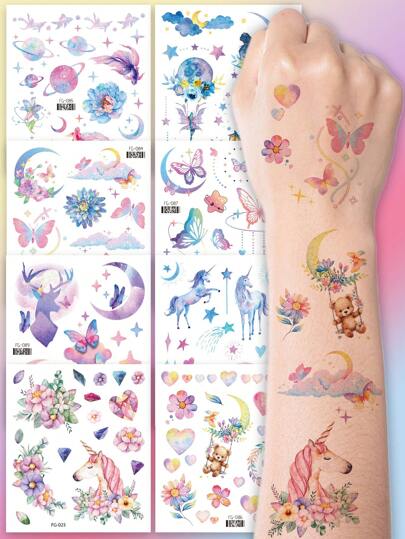 8 Hojas de tatuajes temporales de unicornio y mariposa con purpurina, calcomanías de tatuajes temporales a prueba de agua con patrón de unicornio, arco iris, alas de mariposa, hada, osito, nube de amor, flores y ciervo. Perfecto como regalo o recuerdo de fiestas de cumpleaños ya que duran de 2 a 5 días.,tatuajes maquina para tatuar tatuajes falsos