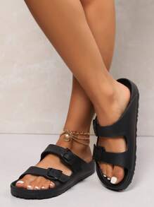 Dép xỏ ngón bằng cao su EVA thời trang dành cho cặp đôi dành cho nữ, Dép đế bằng thông mũi màu trơn Thích hợp cho mọi mùa Hoạt động ngoài trời, Đi bộ, Đi làm, Đi biển, Kỳ nghỉ hoặc Sử dụng tại nhà - màu đen - Xem 5