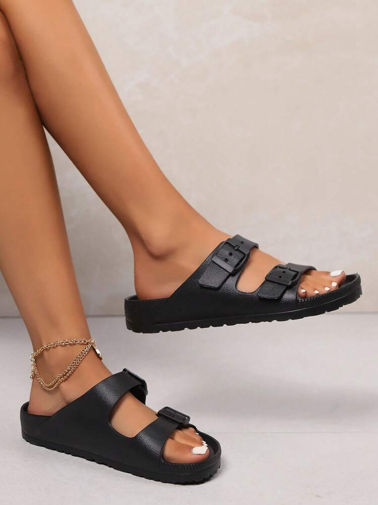 Fashionable Couples' EVA Rubber Flip Flops For Women, Solid Color Toe Thong Flat Slippers Suitable For All Seasons Outdoor Activities, Walking, Work, Beach, Vacation Or Home Use - Black - View 2