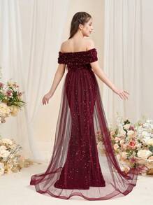 Teen Girl Sparkling Mermaid Tail Party Dress With Off Shoulder Design - Burgundy - View 3