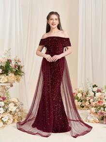 Teen Girl Sparkling Mermaid Tail Party Dress With Off Shoulder Design - Burgundy - View 4