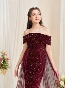 Teen Girl Sparkling Mermaid Tail Party Dress With Off Shoulder Design - Burgundy - View 7