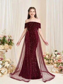 Teen Girl Sparkling Mermaid Tail Party Dress With Off Shoulder Design - Burgundy - View 6