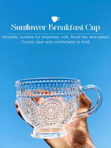 1pc 带手柄玻璃杯，ins风玻璃早餐杯燕麦杯饮料杯果汁杯茶杯超吸睛牛奶杯 - 透明玻璃手柄杯 - 压花向日葵早餐杯 - 小容量玻璃杯 - 耐热手工透明杯 - 迷你马克杯 - 咖啡爱好者的意式咖啡杯 - 家居用品 - 400毫升 - 查看 1