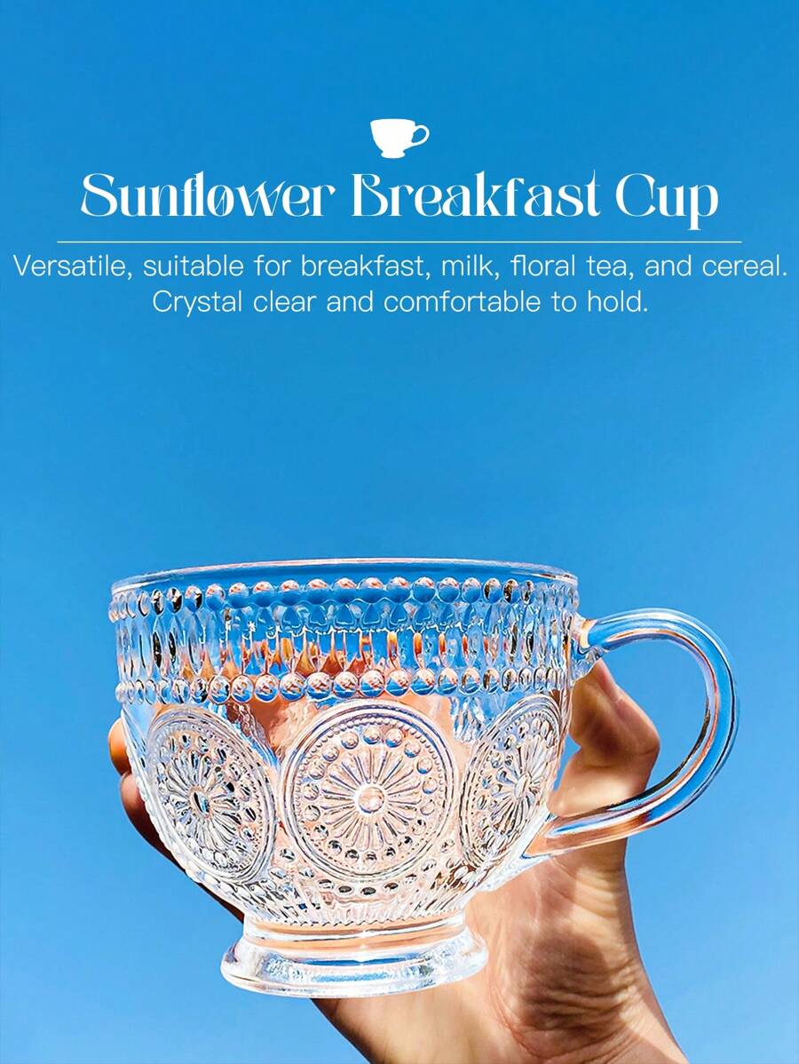 1pc 带手柄玻璃杯，ins风玻璃早餐杯燕麦杯饮料杯果汁杯茶杯超吸睛牛奶杯 - 透明玻璃手柄杯 - 压花向日葵早餐杯 - 小容量玻璃杯 - 耐热手工透明杯 - 迷你马克杯 - 咖啡爱好者的意式咖啡杯 - 家居用品 - 400毫升 - 查看 1