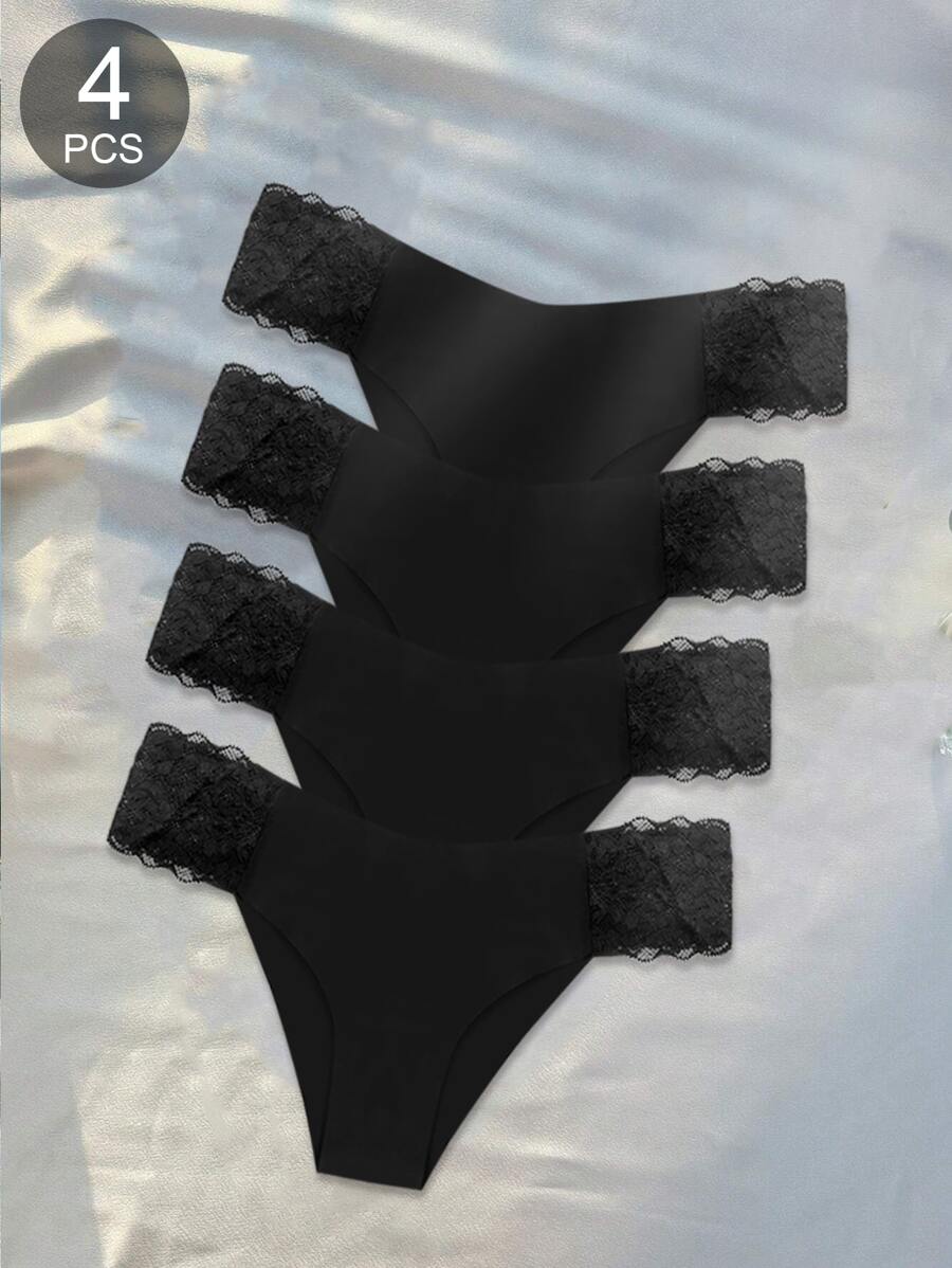 4 piezas Conjunto de ropa interior sin costuras con adorno de encaje para mujer, color negro, de tiro bajo - Multicolor - Ver 1