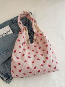 A Minimalist Fashion Large Capacity Strawberry Print Tote Bag With Open Mouth Opening And Lightweight Soft-Sided Shoulder Bag. Suitable For Women's Daily Casual Commuting And Student Classroom Use, & Cute Strawberry Purse Valentines - Pink - View 5